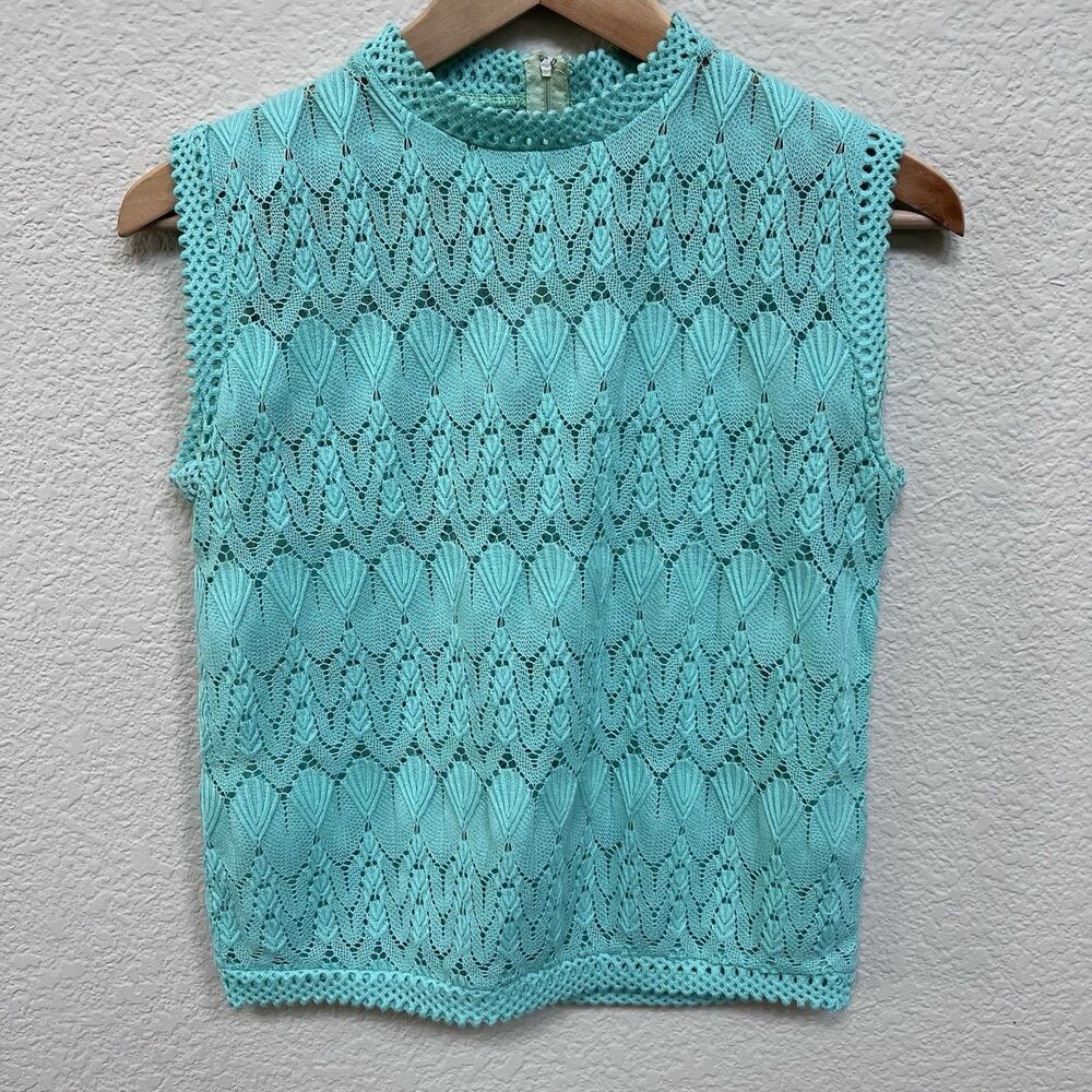 Vintage 1960s Turquoise Crochet Knit Mock Neck Sweater Vest Top Open Stitch Teal